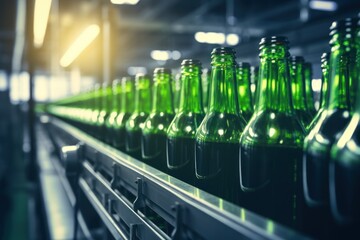 Empty glass bottles on conveyor belt bottling plant - obrazy, fototapety, plakaty