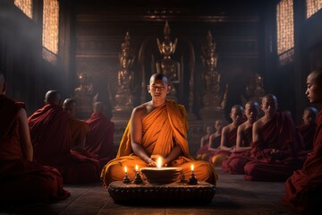 Monks and novices meditate in front of the Buddha image. - obrazy, fototapety, plakaty