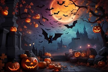 Haunted street with halloween pumpkins and bats under full moon, Happy Halloween, Generative AI