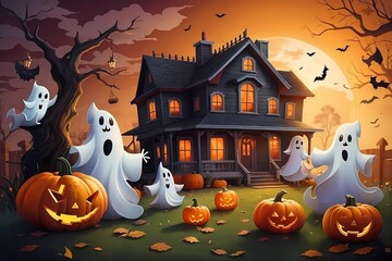 Haunted house with halloween pumpkins, ghosts and bats under full moon, Happy Halloween, Generative AI