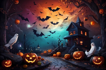 Haunted house with halloween pumpkins and bats under full moon, Happy Halloween, Generative AI
