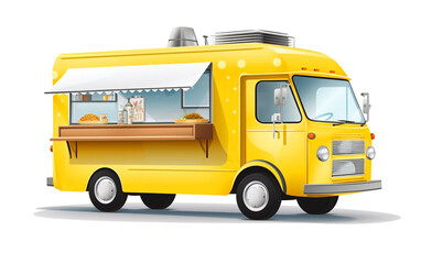 Obraz na płótnie Canvas A charming vintage yellow food truck with a rooftop advertising sign board, isolated on a white background. Captured beautifully in a vector illustration.