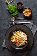 Chicken Rice Casserole in black bowl, top view