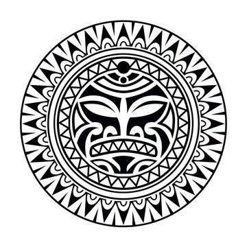 Round tattoo ornament with sun face maori style. African, aztecs or mayan ethnic mask. Black and white.