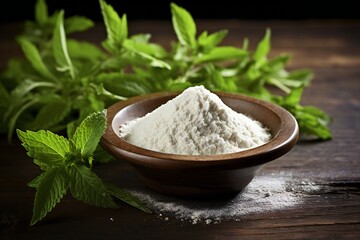 Fototapeta na wymiar stevia sugar powder in the bowl, with fresh stevia leaves, on wooden background. Generative ai
