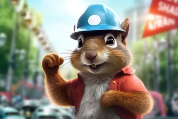 Plexiglas foto achterwand funny squirrel in hard hat, happy labor day. Generative Ai © Alexandra