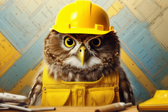 owl in helmet, happy labor day. Generative Ai