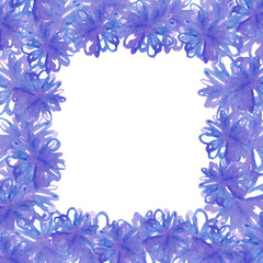 Blue abstract daisy frame border. Hand drawn watercolor isolated on white background. Can be used for cards, invitation, banner and other printed products.