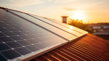 Close up of Solar Panels on a Roof. Blurred Background
