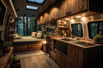 Cozy interior in the trailer of motorhome, Generative AI.