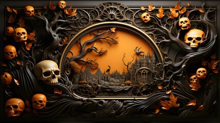 3d ornament frame halloween pumpkin skull background illustration