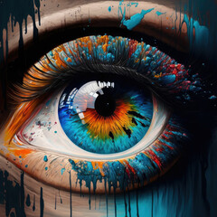 Abstract human eye, beautiful closeup zoom, paint dripping