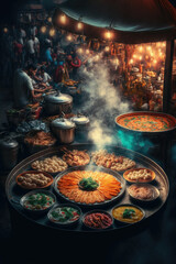 Traditional oriental market with fruits and vegetables wooden stalls