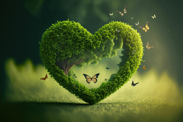 Green heart shaped tree in field valentine's day concept,