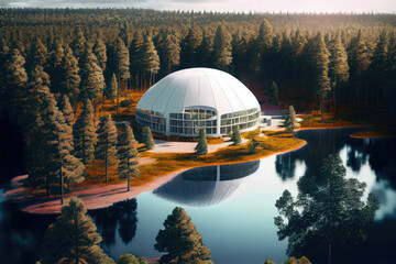 Fototapeta premium Symbiotic harmony: futuristic dome house nestled in nature's embrace near tranquil lake