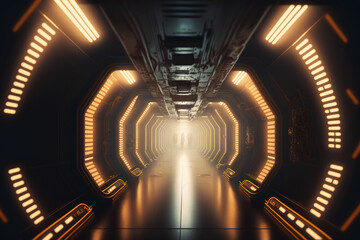 Futuristic spacecraft corridor: high-tech hallway of tomorrow