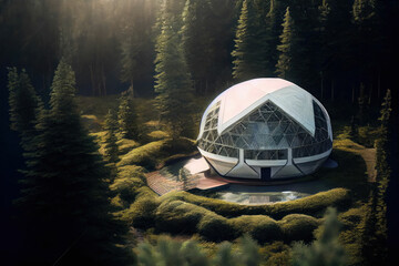 Symbiotic harmony: futuristic dome house nestled in nature's embrace near tranquil lake - obrazy, fototapety, plakaty