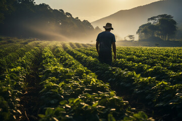 Fototapeta premium a farmer on a vast plantation with traditional technology.