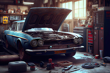 Nostalgic vintage garage featuring a classic car