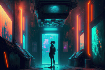 Futuristic man standing in a high-tech hallway, cyberpunk city