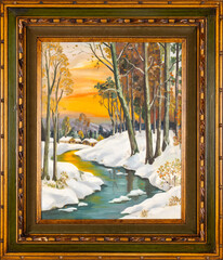 Winter landscape oil painting with a stream flowing through a forest with cabins in the background. Golden frame. Christmas Holiday concept.