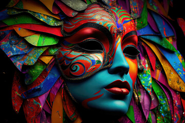 Girl wiht brazil parade mask, carnival background