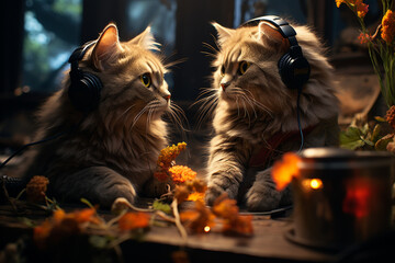 Two gray cats wearing headphones, detailed, realistic