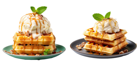 Delicious homemade dessert with waffles apples and ice cream on transparent background table