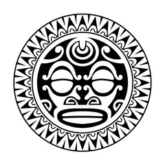 Round tattoo ornament with sun face maori style. African, aztecs or mayan ethnic mask. Black and white.