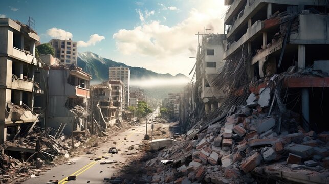 A city that was hit by a powerful earthquake. Created using generative AI technology.