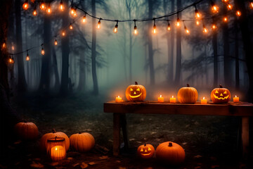 Halloween scene in the forest. Carved pumpkins and candles on the table. Light garland between trees. Generative AI