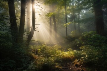 magical forest pathway with sunlight streaming through the trees