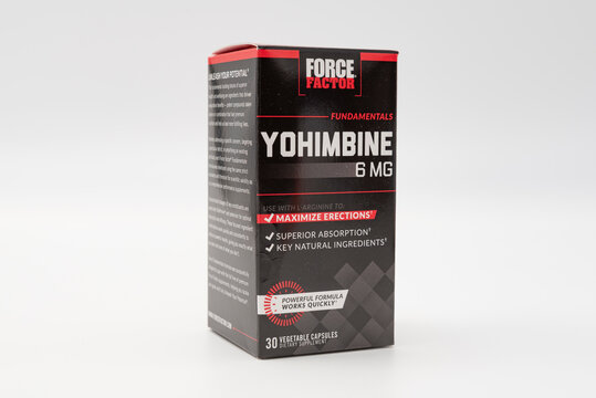 Fuji, Shizuoka, Japan - March 21, 2023: Yohimbine 6 mg 30 capsules by Force Factor Isolated on White Background with Copy Space