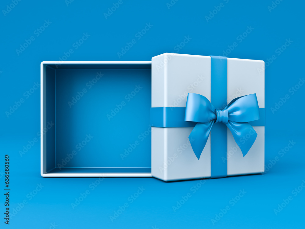 Poster Blank open white gift box with blue bottom inside or opened present box with blue ribbon and bow isolated on blue color background with shadow minimal concept 3D rendering