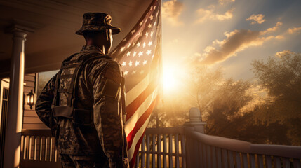 Memorial Day: A soldier standing in front of a US flag. Patriotism and celebration of our veterans. Respect to armed forces. Patriotism, Hero, Service, Valor. - obrazy, fototapety, plakaty