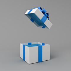 Blank open white gift box with blue bottom inside or opened blue present box with blue ribbon and bow isolated on gray background with shadow minimal concept 3D rendering
