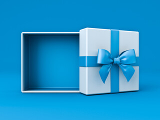 Blank open white gift box with blue bottom inside or opened present box with blue ribbon and bow isolated on blue color background with shadow minimal concept 3D rendering