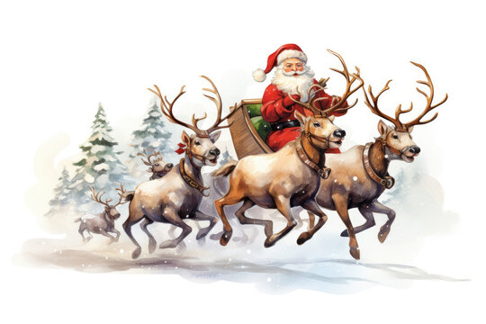 Santa Claus is flying on a sleigh with reindeer