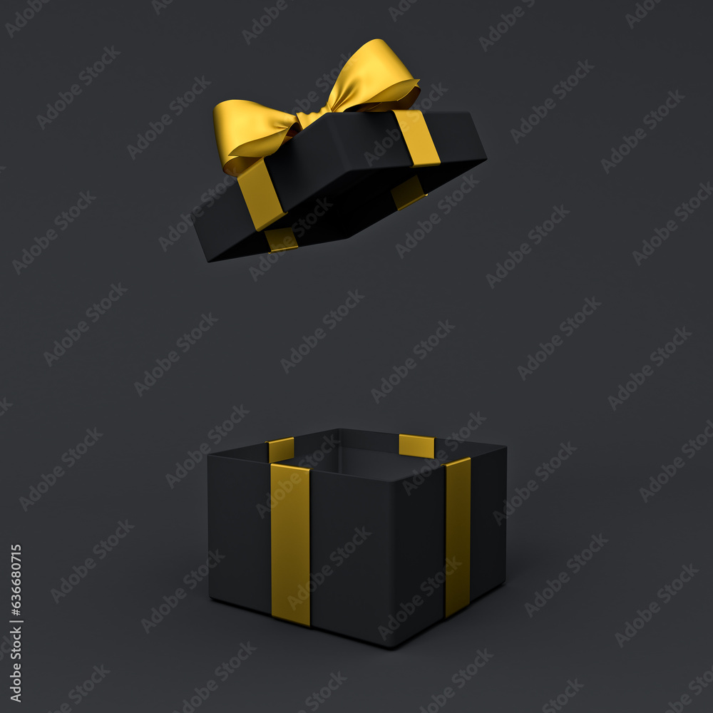 Poster blank open black gift box or opened black present box with gold ribbons and bow isolated on dark bla