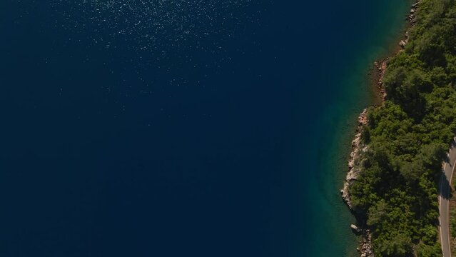 aerial drone view on beautiful seascape of mediterranean sea coastline at Marmaris Area, Turkey. turquoise water, paradise islands different shapes and sizes, cozy bays ideal for yachts and boats