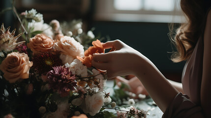 Arranging the bouquet, Bouquet for the Bride, making a Bouquet, floral decorations , Florist, Roses - created with generated AI technology