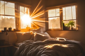 a cozy bed with the sun shining through the window. Generative AI