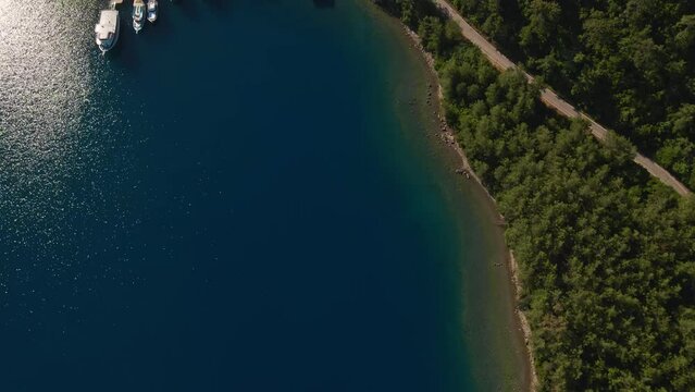 aerial drone view on beautiful seascape of mediterranean sea coastline at Marmaris Area, Turkey. turquoise water, paradise islands different shapes and sizes, cozy bays ideal for yachts and boats