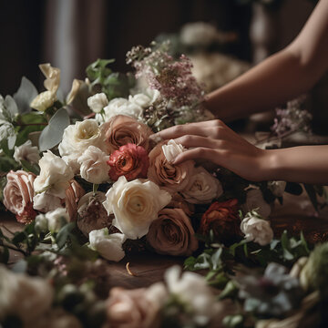 Arranging the bouquet, Bouquet for the Bride, making a Bouquet, floral decorations , Florist, Roses - created with generated AI technology