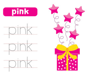 Trace and write word pink. Handwriting practice. Learning colors. with gift box and balloons. Worksheets for kids.