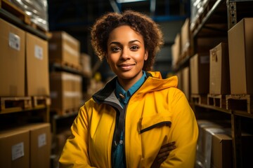 Obraz premium A young African woman commands attention in the midst of warehouse dynamics. Adorned in a high visibility vest, she stands next to a carton box, a symbol of ongoing tasks. Blurred shelves stacked with