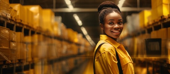 In the heart of warehouse activity, a young African woman plays her part. Clad in a high visibility vest, she stands beside a carton box, embodying dedication. Blurred shelves stacked with products pa - obrazy, fototapety, plakaty