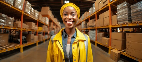A dedicated female employee in a bustling warehouse, a young African woman donning a high-visibility vest, stands beside a carton box amidst shelves stacked with goods. The background showcases a mesm