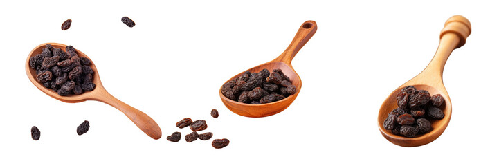 Isolated wooden spoon with dried black raisins - obrazy, fototapety, plakaty