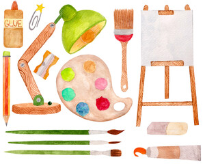 Watercolor bright collection, palette, brushes, pencil, sharpener, eraser, lamp, easel isolated on white background.